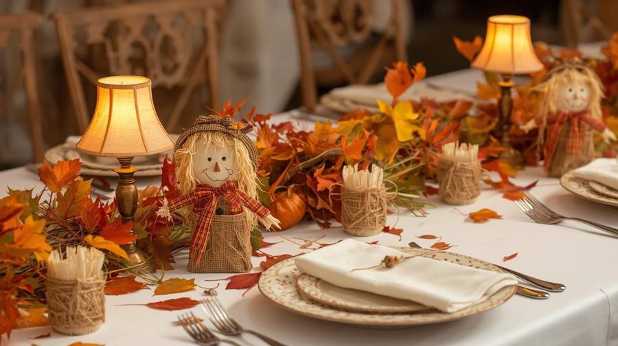 Small burlap scarecrows, autumn leaves, a pumpkin and glowing table lamps on a fall wedding table