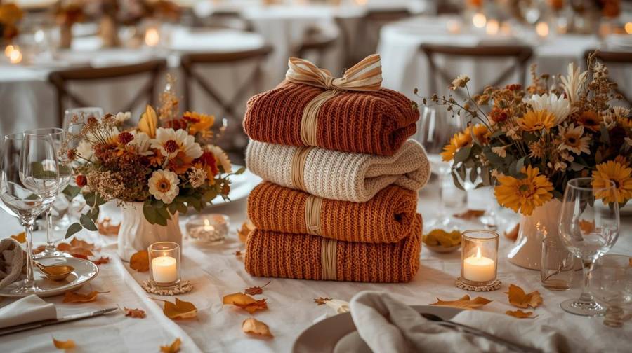 A stack of fall-colored knit sweaters tied with a bow among autumn flowers, leaves and candles