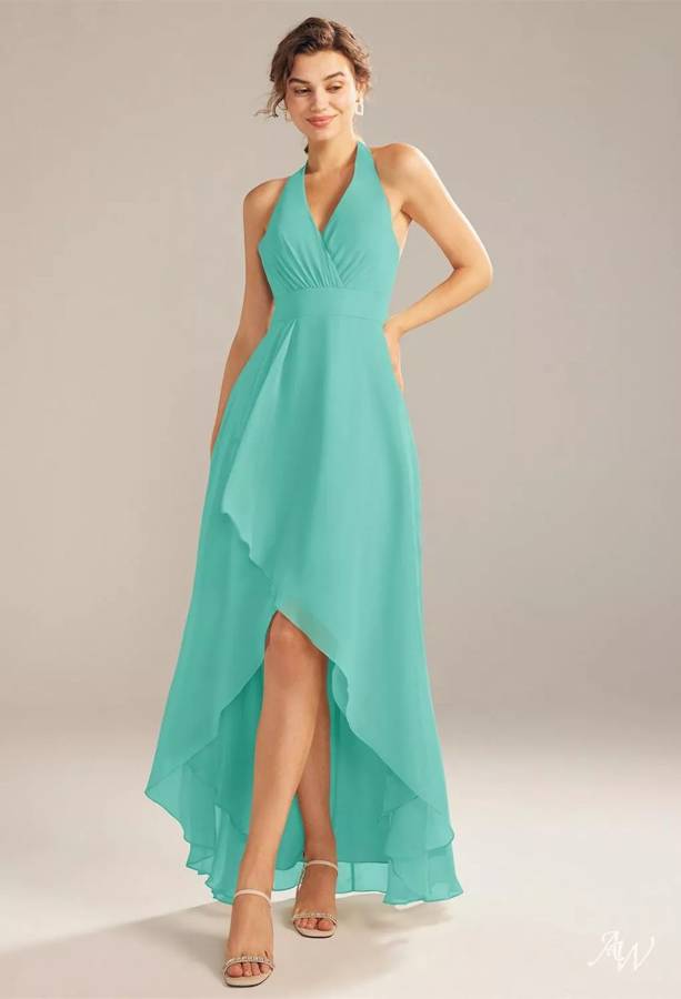 A soft aqua chiffon halter bridesmaid dress with a high-low hem