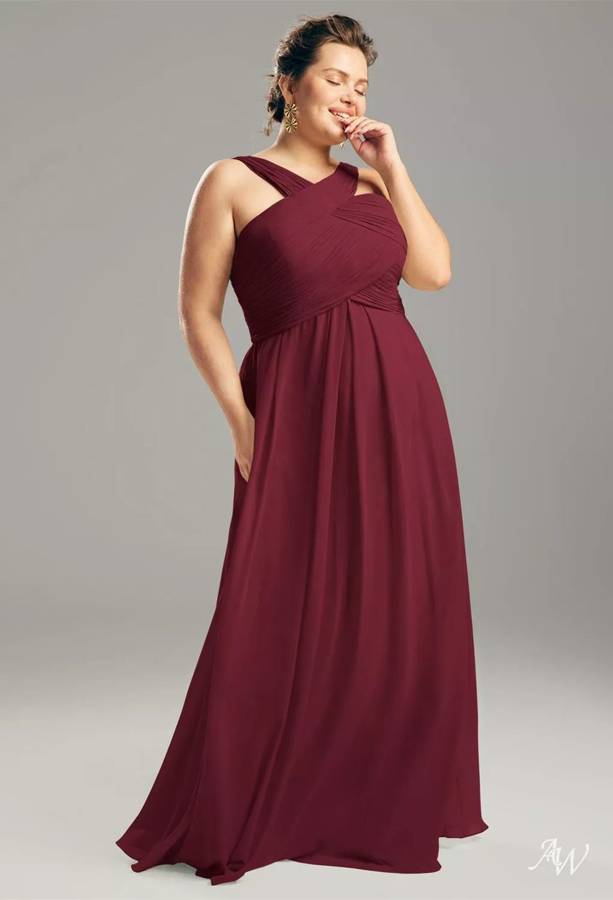A burgundy chiffon bridesmaid gown with a crossed halter neckline