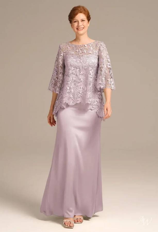A lilac guipure lace top over a satin skirt