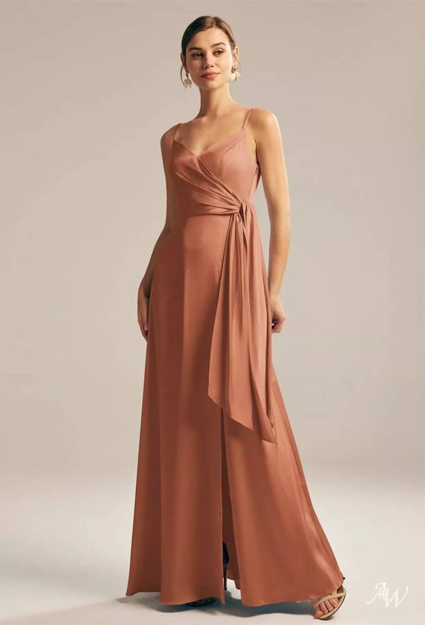 The same wrap-style gown in warm terracotta
