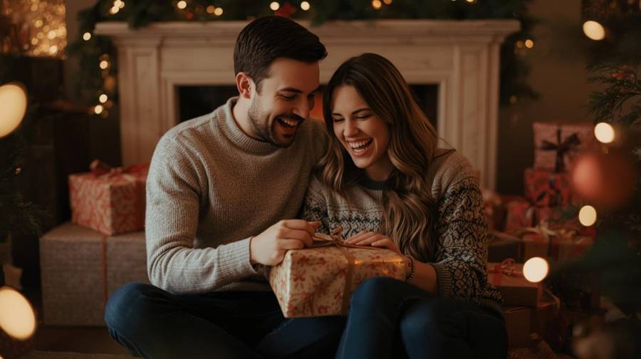 An engaged couple laughing as they open a Christmas present beside the fireplace