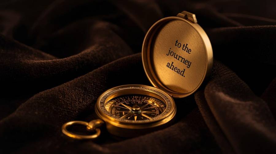 An engraved brass compass with the words to the journey ahead