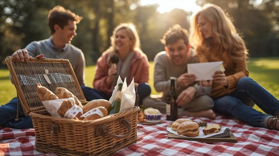 Friends sharing a picnic from a wicker basket on a red checkered blanket and opening an envelope