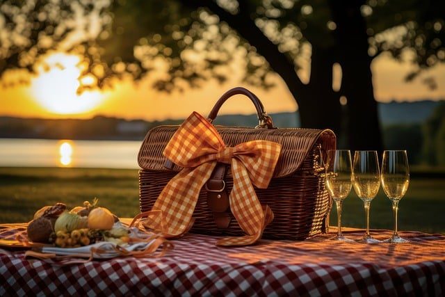 A wicker picnic basket tied with a checkered bow beside champagne glasses at sunset