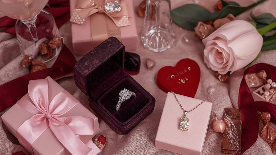 Pink gift boxes holding a ring and a pendant necklace, with a rose and burgundy ribbon