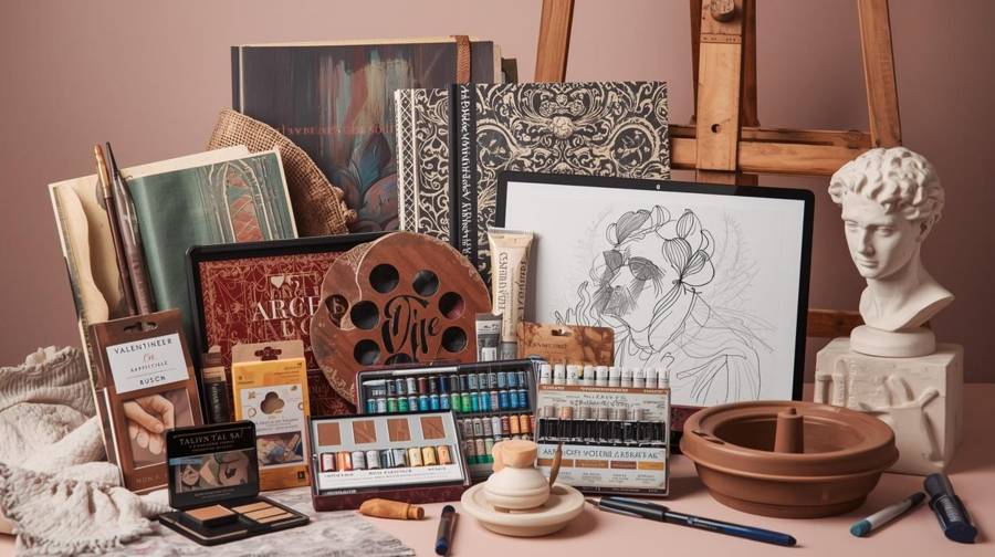 Art supplies, sketchbooks, paints and a plaster bust arranged on a pink table