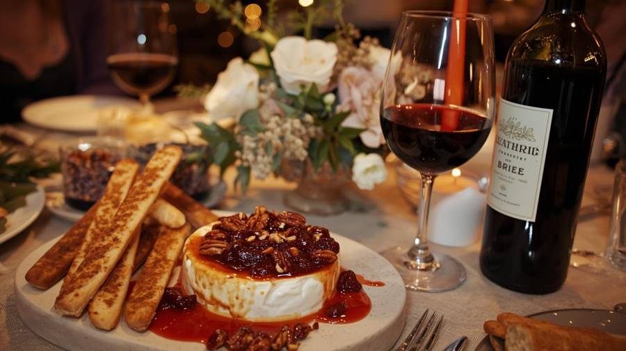 Baked brie with bread sticks and a glass of red wine on a set table
