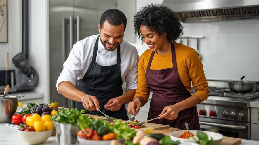 A couple cooking dinner together in a kitchen