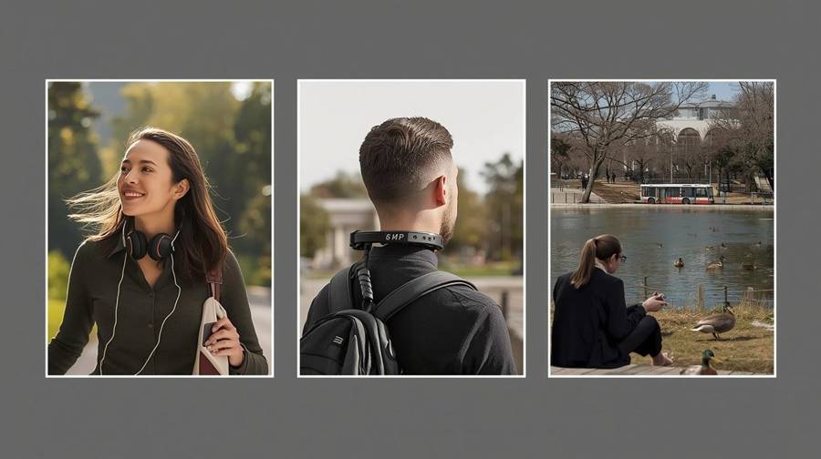 Three scenes of people wearing Bluetooth headphones while walking, commuting and relaxing