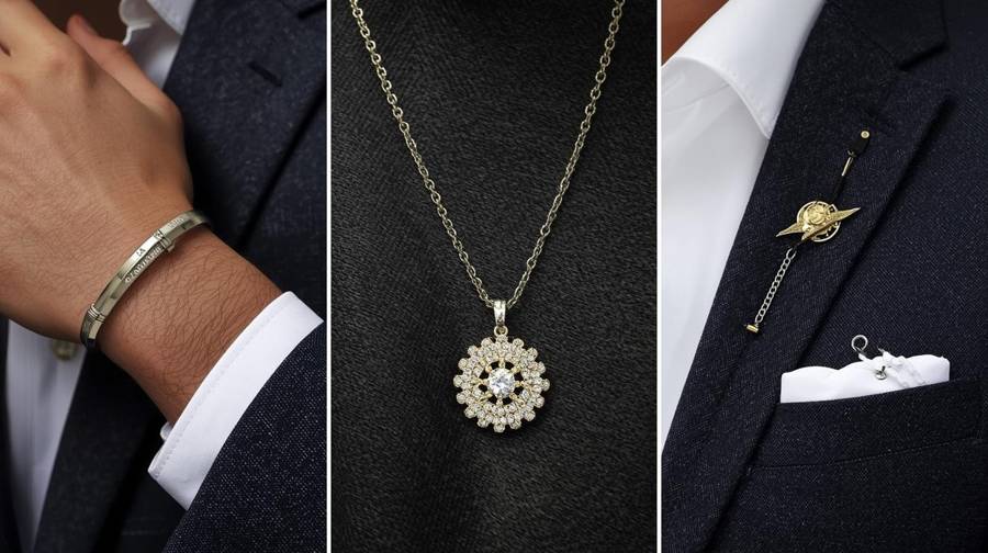 Men’s jewelry: a bracelet, a medallion pendant and a lapel pin
