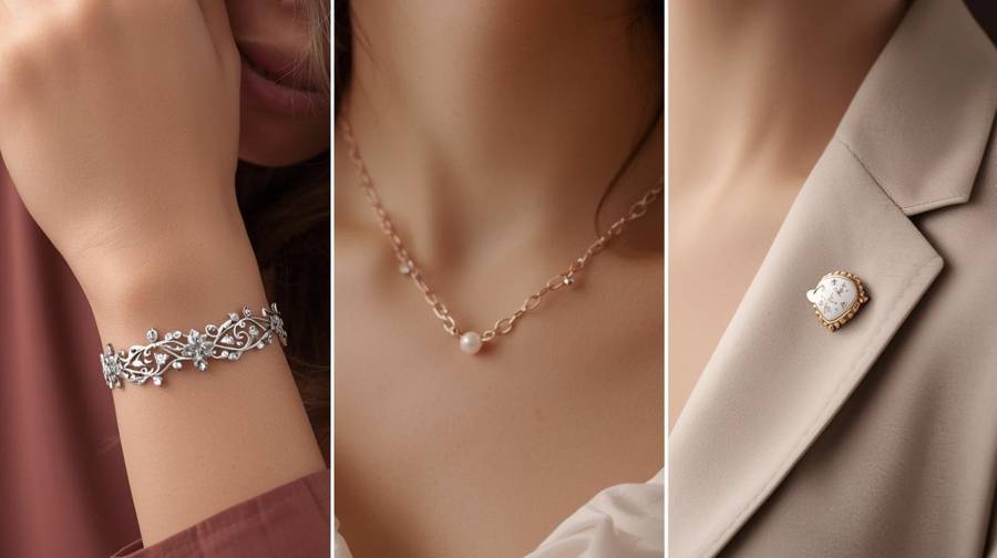 Women’s jewelry: a crystal bracelet, pearl necklace and heart brooch