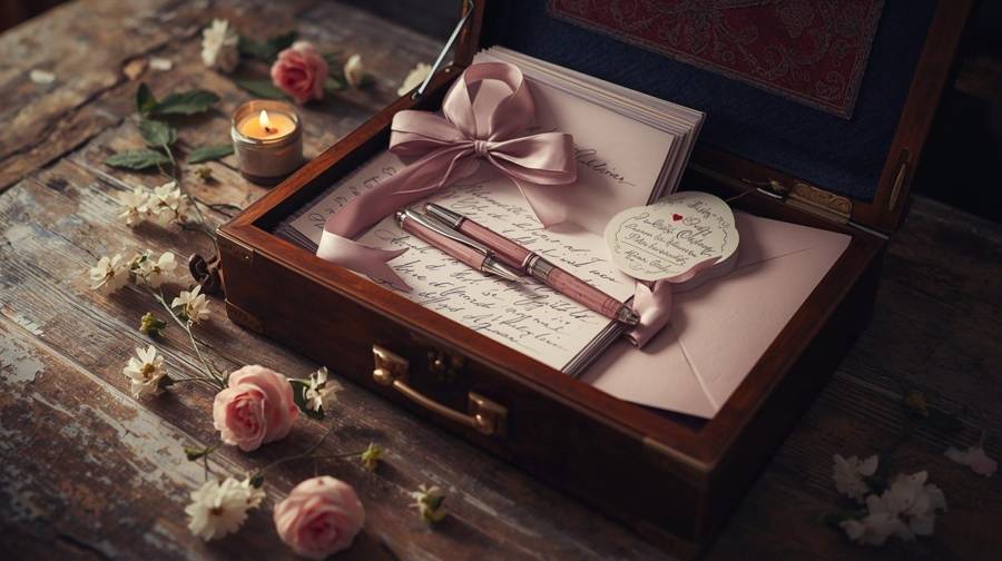 A wooden keepsake box holding a love letter, pen, and rose petals