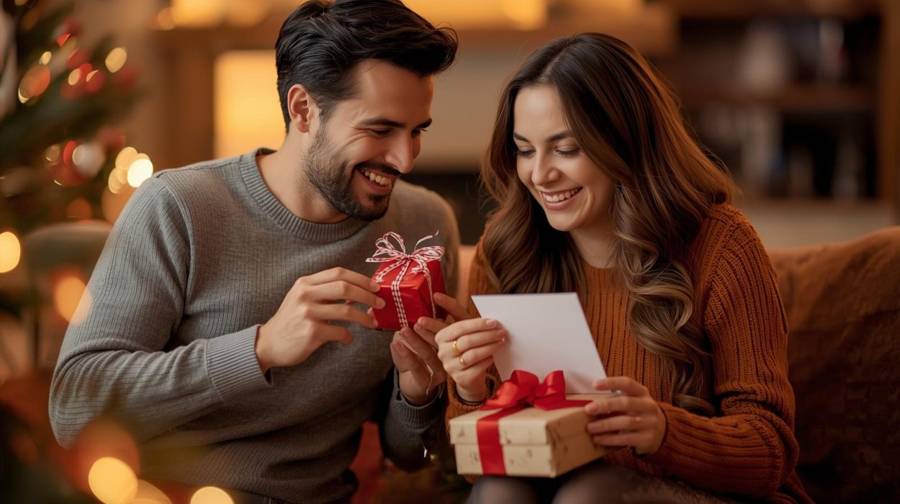 A couple opening Valentine’s Day gifts together by the Christmas tree