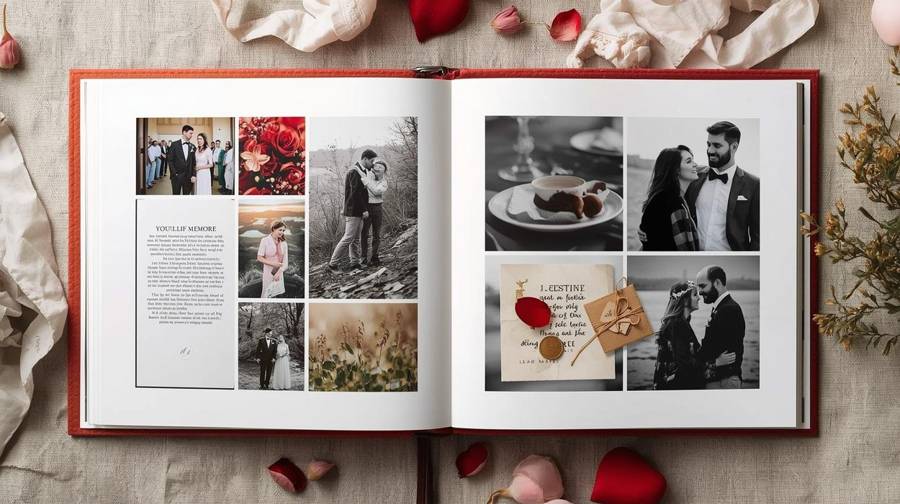 An open photo book of black and white couple photos and mementos