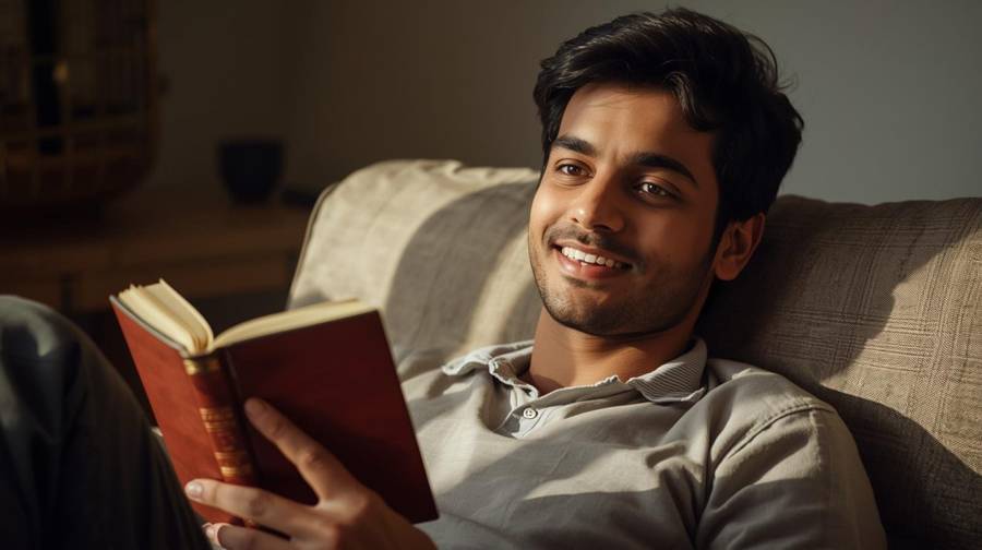 A smiling man reading a book on the couch