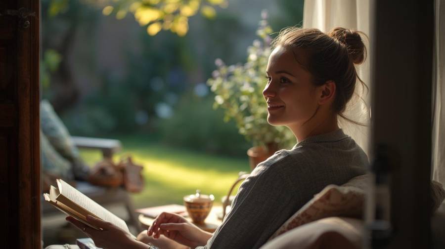 A woman reading a book by a sunny window