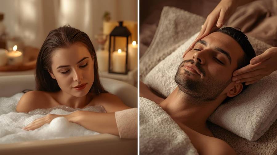 A woman in a candlelit bath and a man enjoying a facial massage