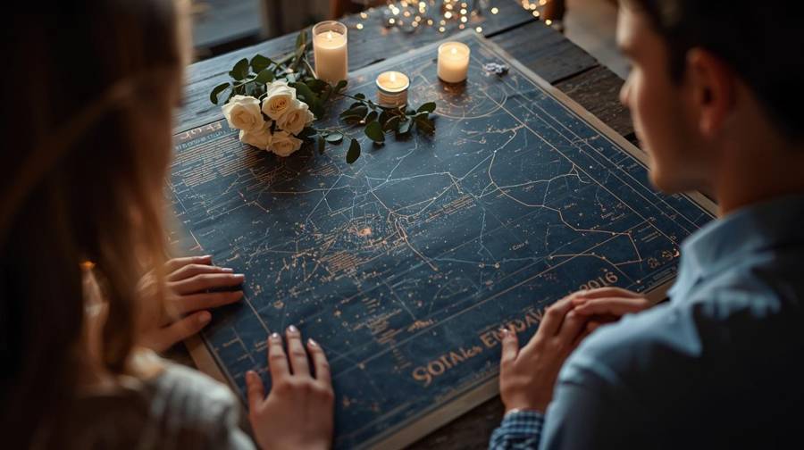 A couple looking at a custom star map by candlelight