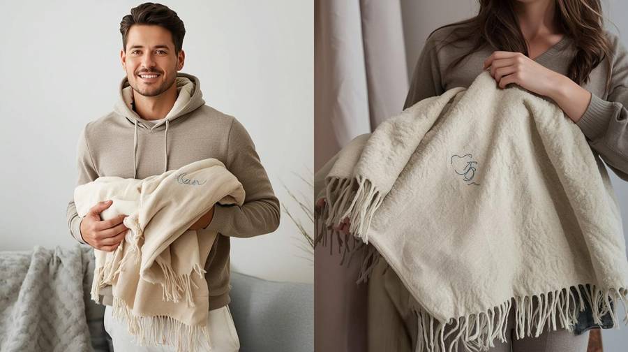 A man and a woman each holding a personalized throw blanket
