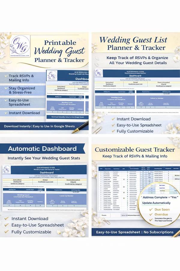 Wedding Guest List Planner features in a Google Sheets template showing RSVP tracking, meal planning, and organized dashboard tabs