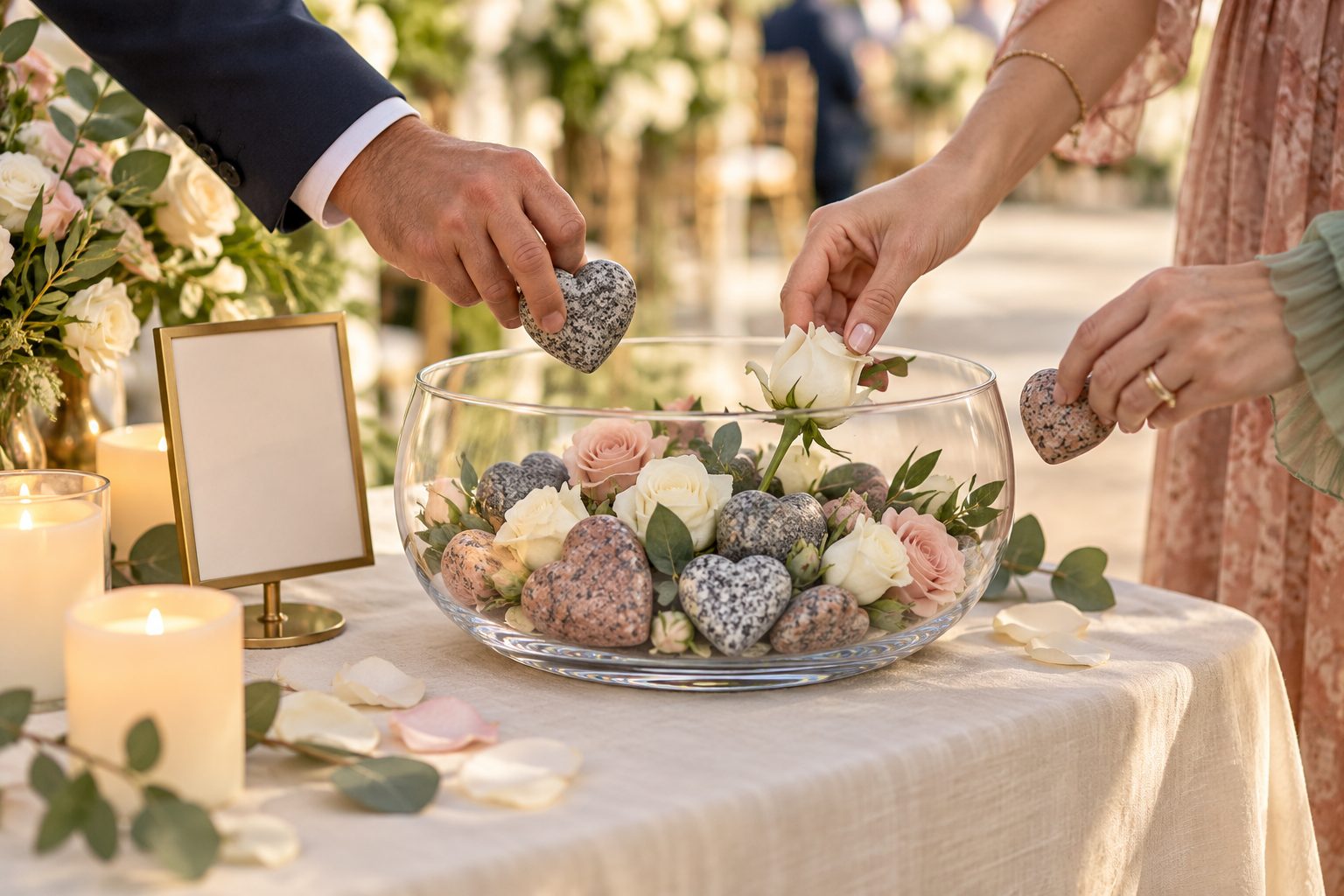 Wedding guests' hands placing heart stones and single flowers into a clear bowl before the ceremony