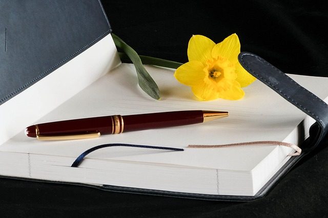 A pen and a daffodil resting on an open notebook
