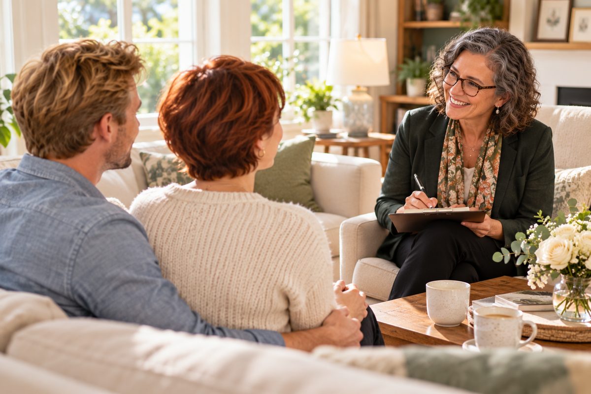 An engaged couple meeting with a wedding officiant in a bright living room, the officiant taking notes