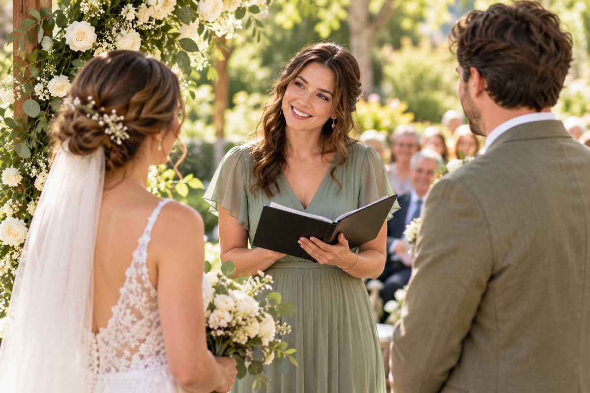 A friend officiating an outdoor wedding, smiling at the couple as she reads from a small black folder