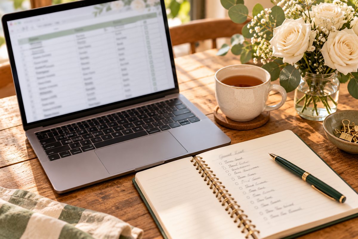 A laptop showing a list of wedding officiants beside a notebook, a cup of tea and a small bouquet