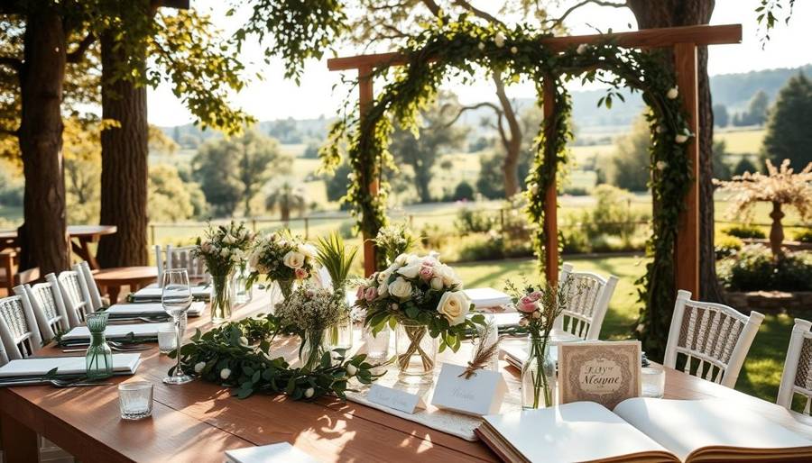 A long wooden table set under shade trees with flower arrangements, place cards, and an open autograph book