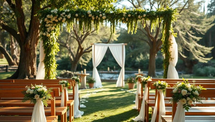An outdoor ceremony with wooden benches dressed in white fabric and flowers, and a draped white altar under tall trees