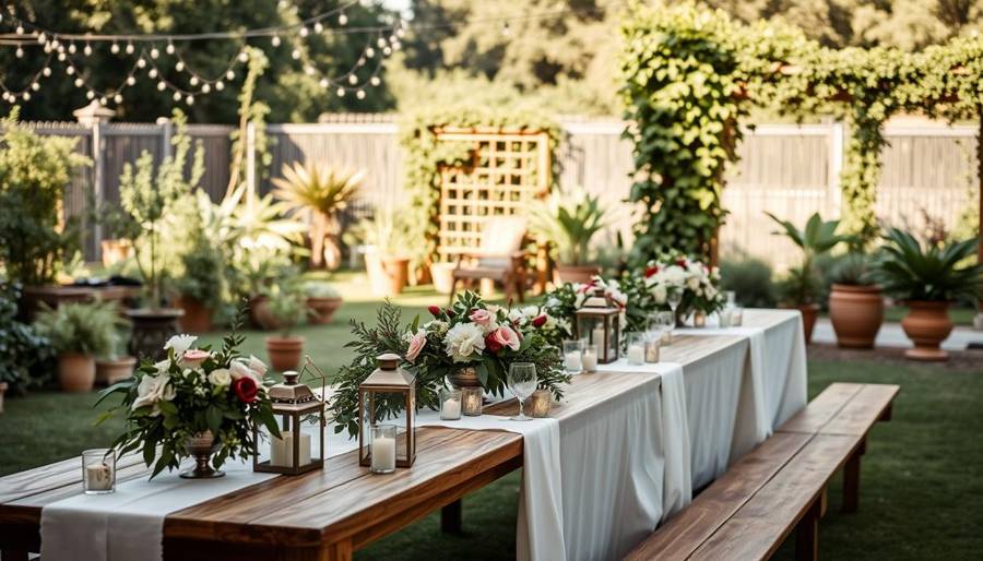 A backyard rehearsal dinner table with white runners, lanterns, candles, flowers, and string lights