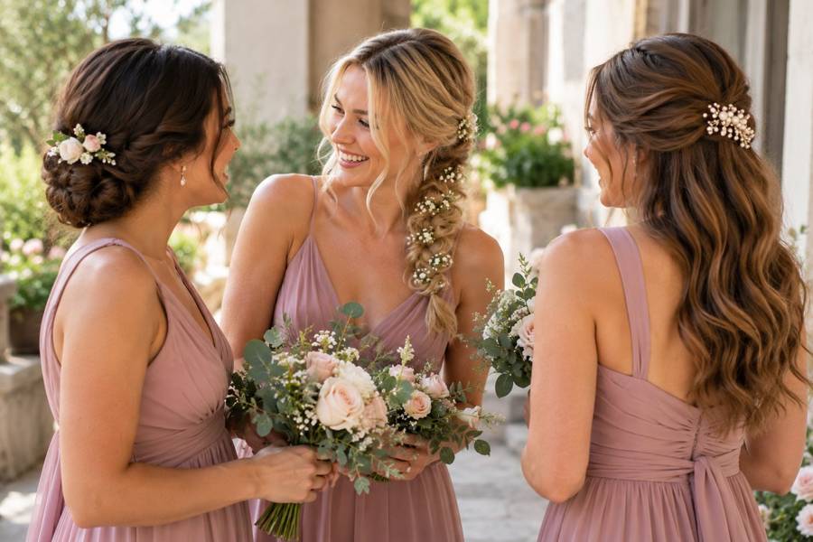 Three bridesmaids in dusty rose dresses with an updo, a flowered braid and half-up waves
