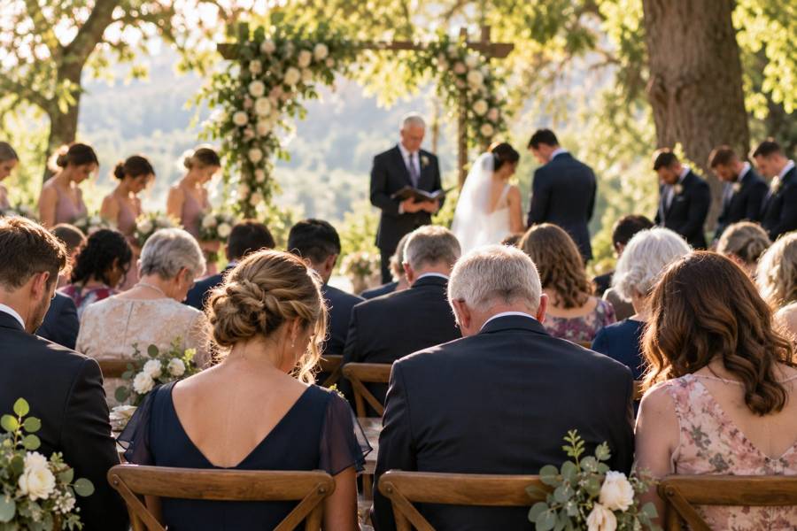 Wedding guests with heads bowed in a quiet moment during the ceremony