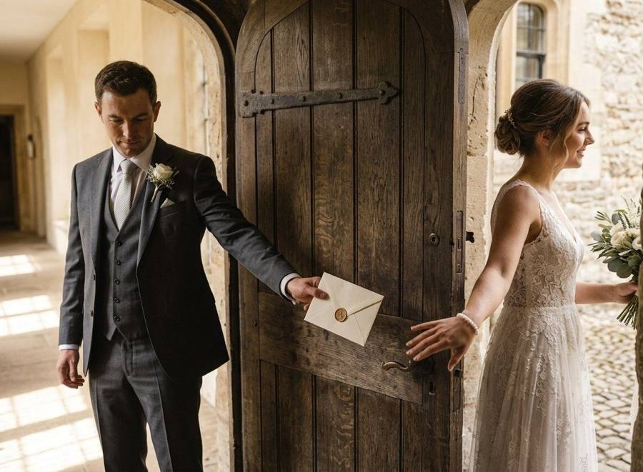 A groom and bride pass a sealed love letter through an old wooden door before the ceremony