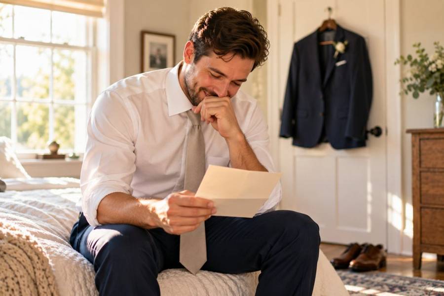A groom smiling as he reads a letter before the ceremony