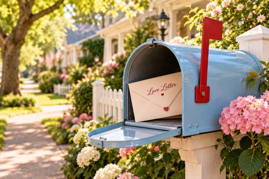 A love letter waiting in a blue mailbox among hydrangeas