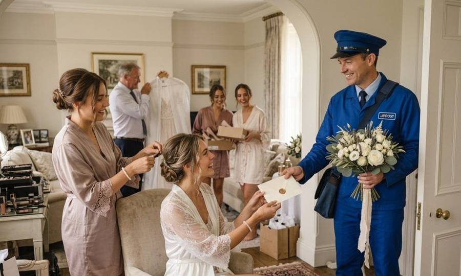 A postal carrier hands a bride a sealed love letter and flowers as her bridesmaids help her get ready