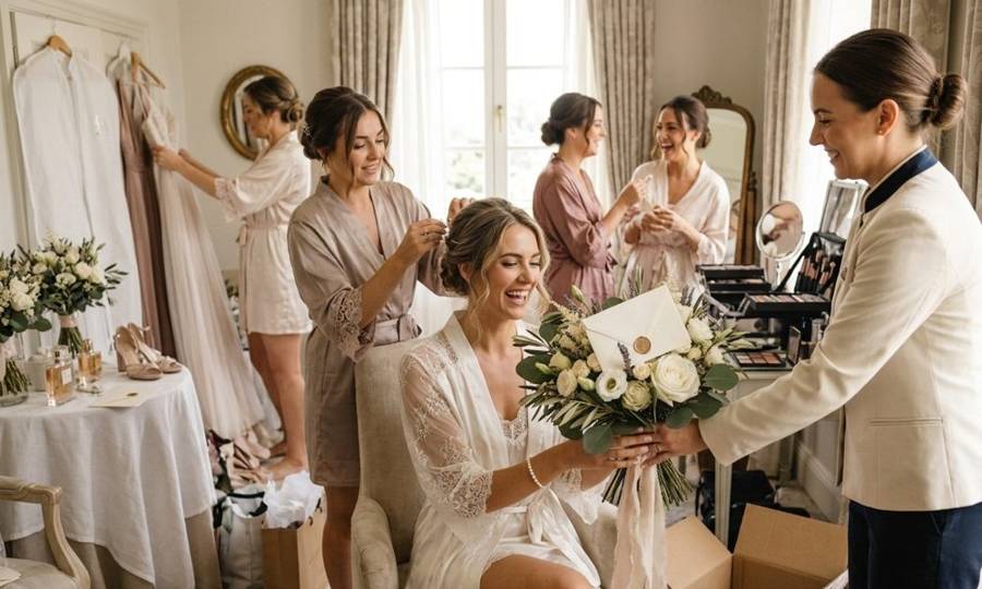 A bride getting ready receives a sealed love letter and a bouquet while her bridesmaids do her hair and makeup