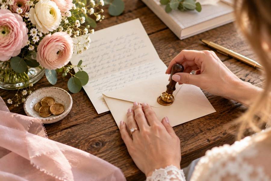 A hand pressing a wax seal onto a handwritten letter beside pink ranunculus