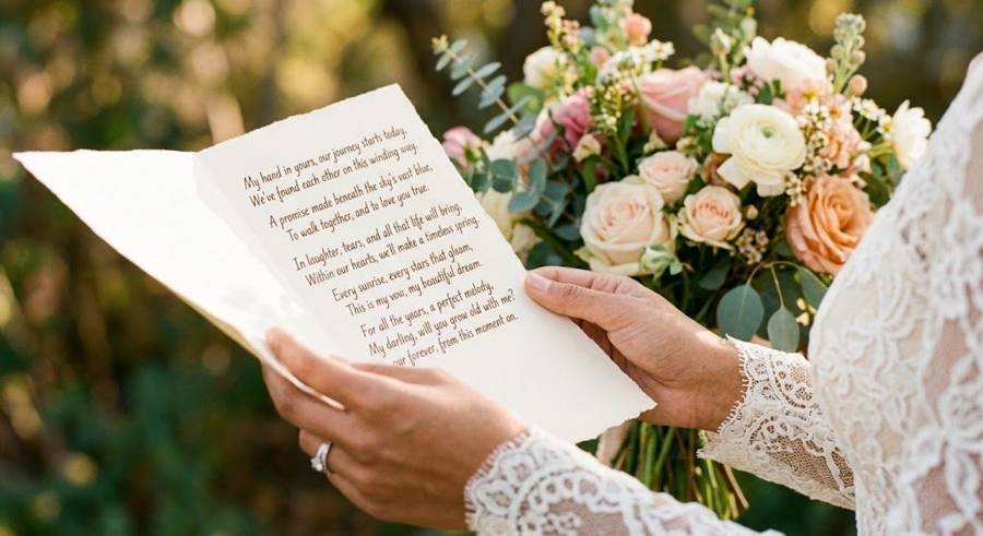 A bride holding a handwritten poem beside her bouquet