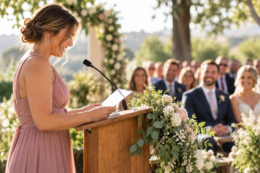 A bridesmaid reading to the guests at an outdoor wedding ceremony