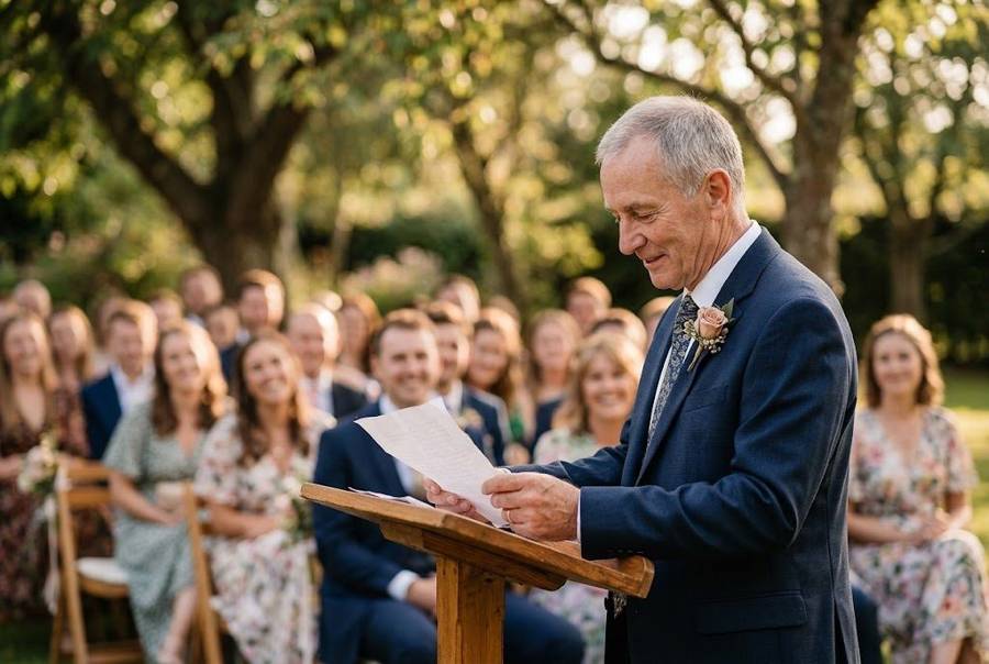 A father reading to the wedding guests from a wooden lectern