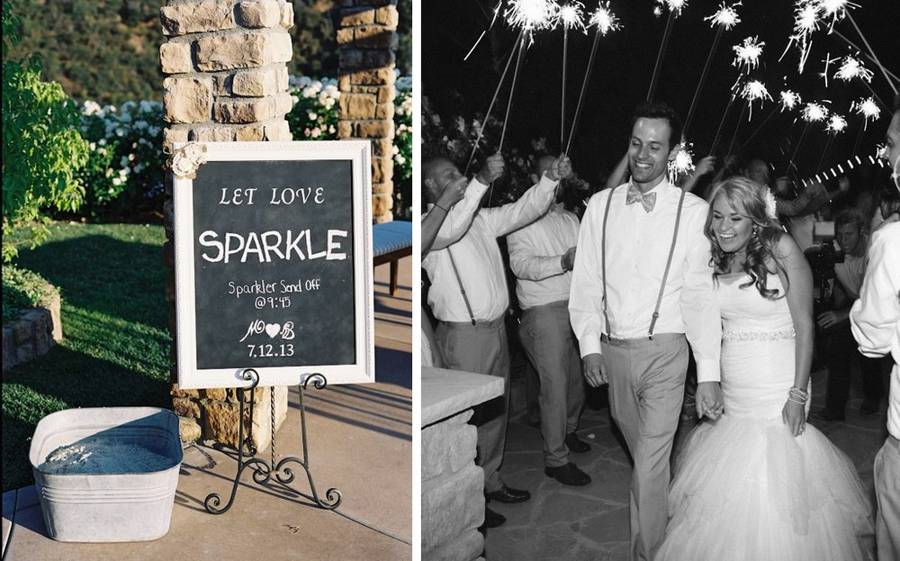 A chalkboard sign announcing a sparkler send-off beside a couple leaving through a line of guests holding sparklers