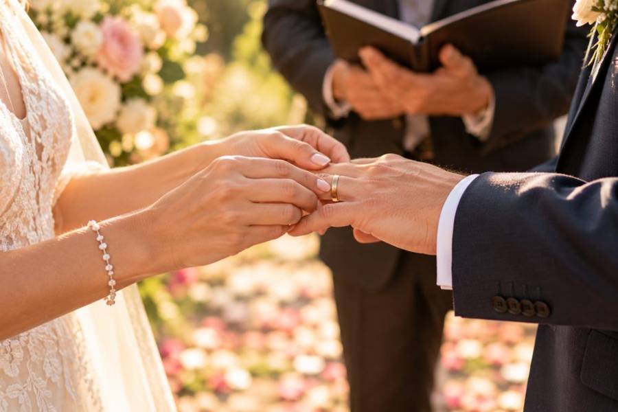 A bride slipping a gold ring onto her groom's finger as the officiant looks on