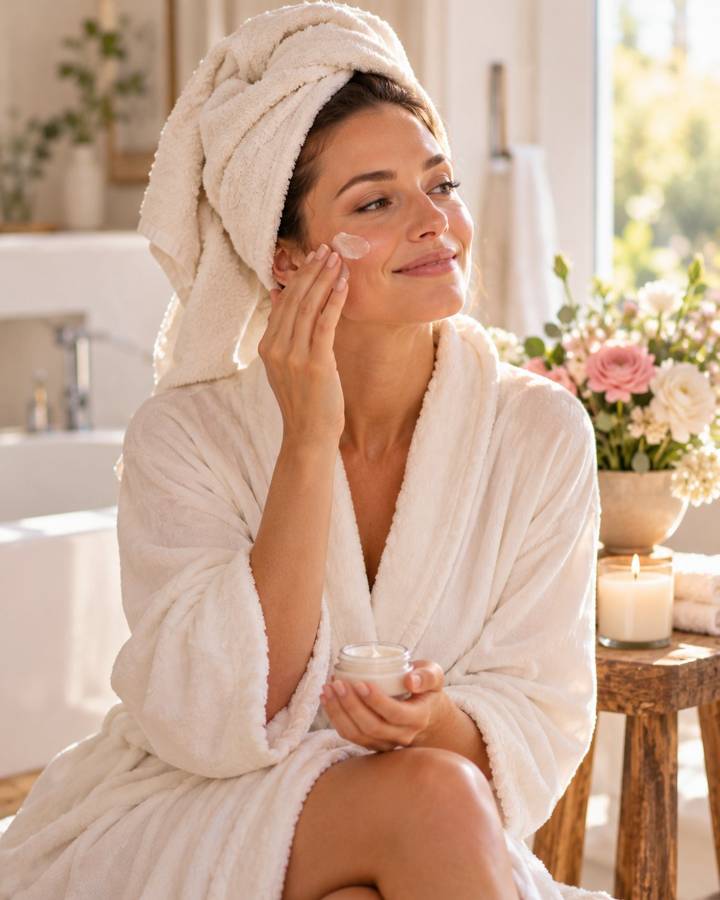 A woman in a towel wrap and robe smoothing cream onto her cheek beside a candle and flowers