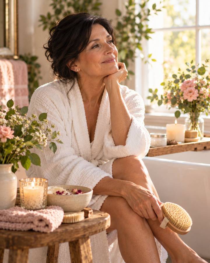 A woman in a white robe relaxing beside a candle, fresh flowers and a dry brush at the bath