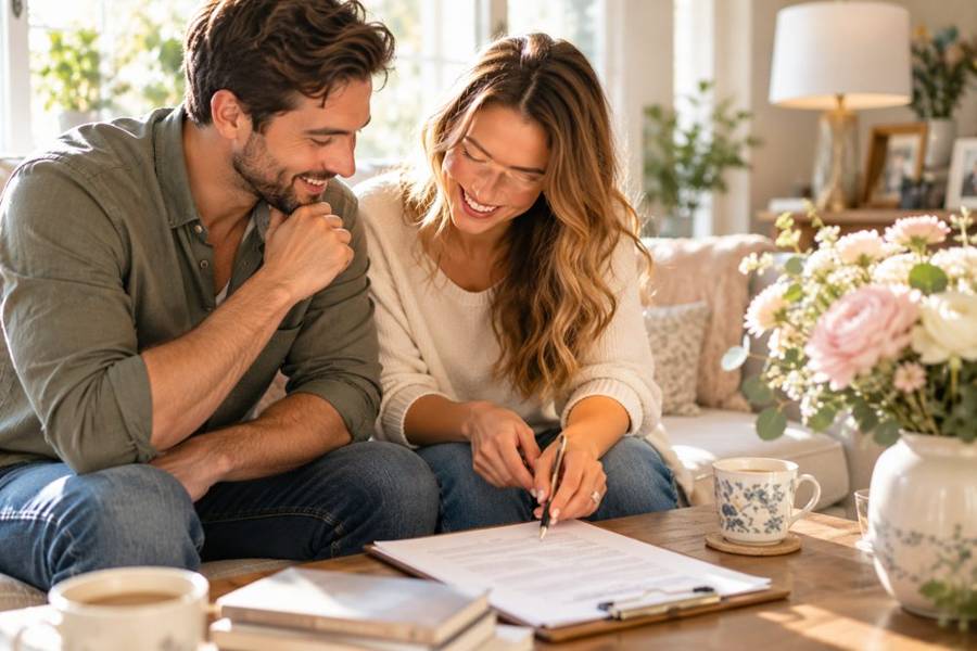 A couple smiling together as they write their wedding vows on a clipboard